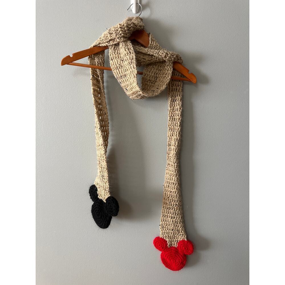 Handmade Crochet Neutral Scarf Disney Mouse Head Ends Red Black Boho Winter